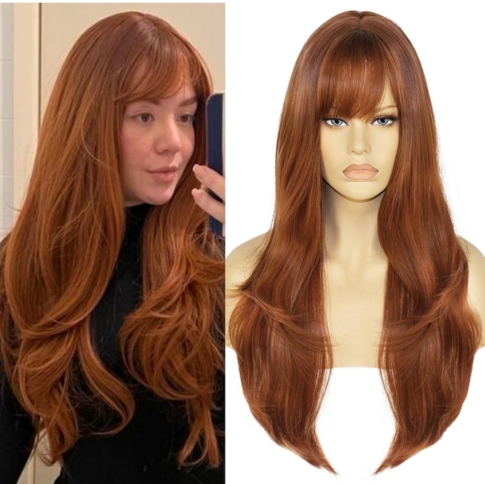 28 Inch Long Layered Auburn Wig for Women Copper Red Wig with Bangs
